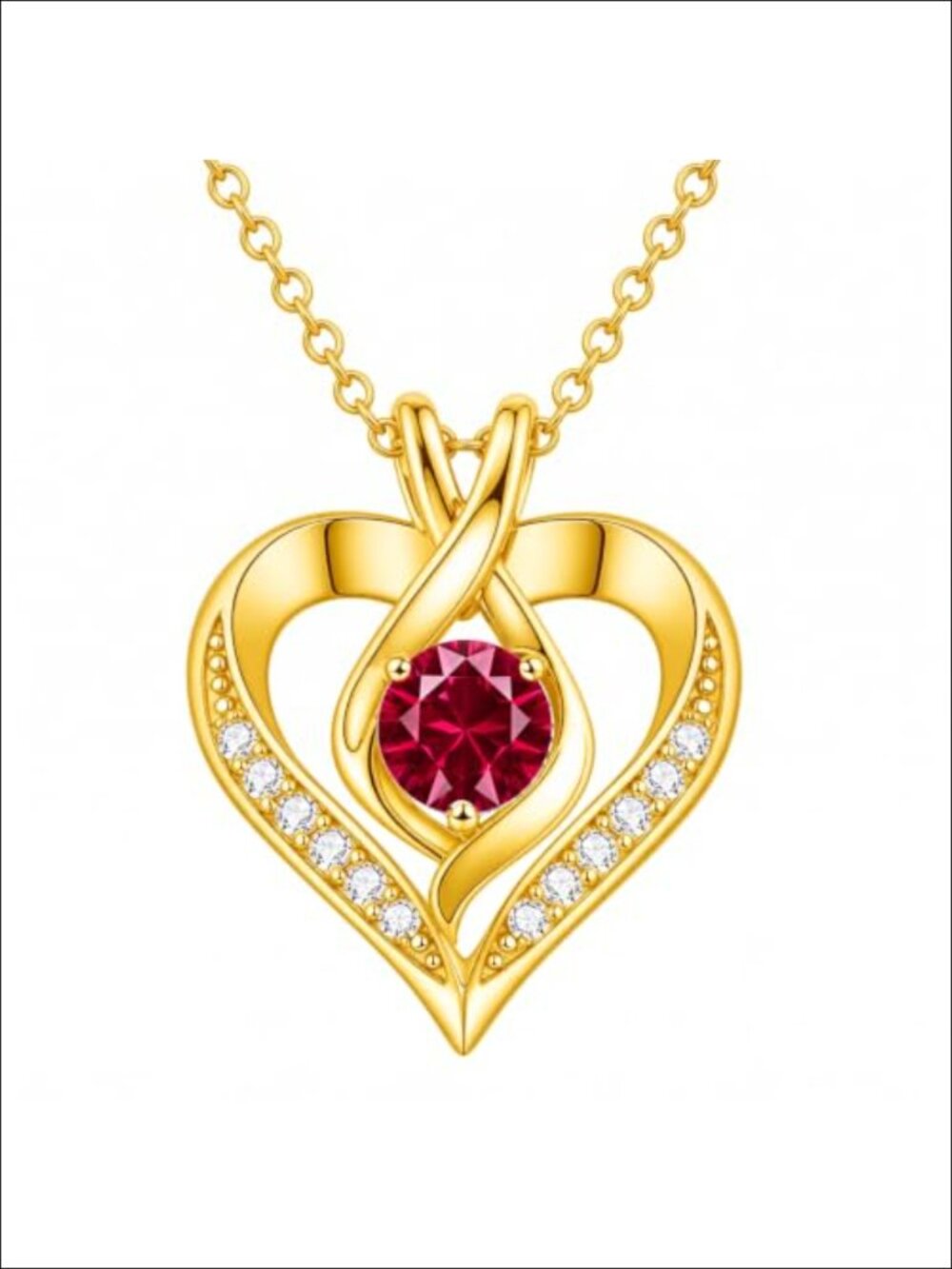 18K Gold Heart Birthstone Pendant Necklace Women July Ruby Anniversary Gift